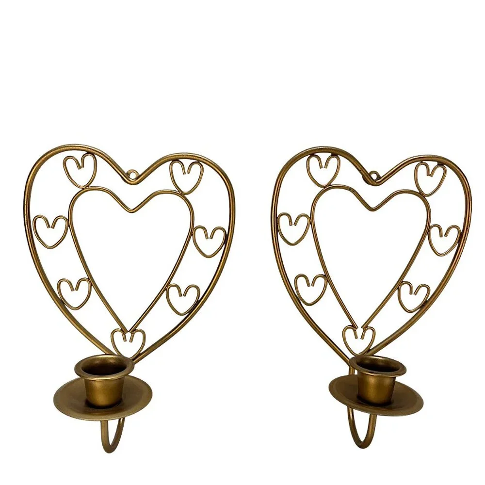Two Vintage Heart Wall Candle Holders Pair Brass-Tone, Gold Tone Metal Sconces